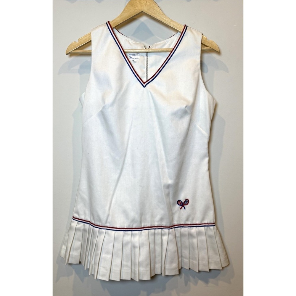 VTG 1970s Sears Tennis Dress Women's 12 White Pleated Made USA Retro Sporty